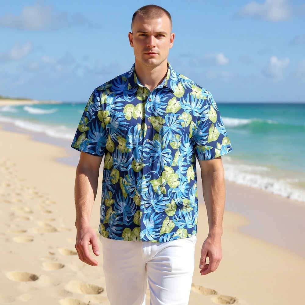 Pussers Island Reserve Mens Large‎ Silk Tropical Floral Camp Shirt Blue Green